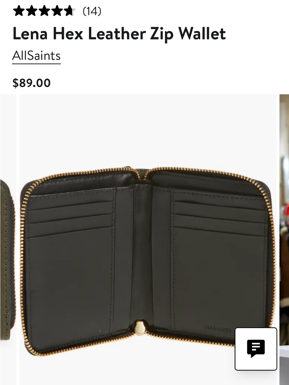 AllSaints Black Leather Zip Wallet with Gold Hardware